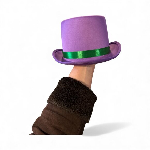 Purple Top Hat With Green Satin Band & Orange Curly Wig Costume Set For Adults - Picture 2 of 3